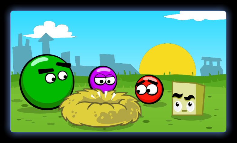 Big Ball, Rubber Ball and Standard Ball are looking at an empty nest while Blockhead looks upwards.